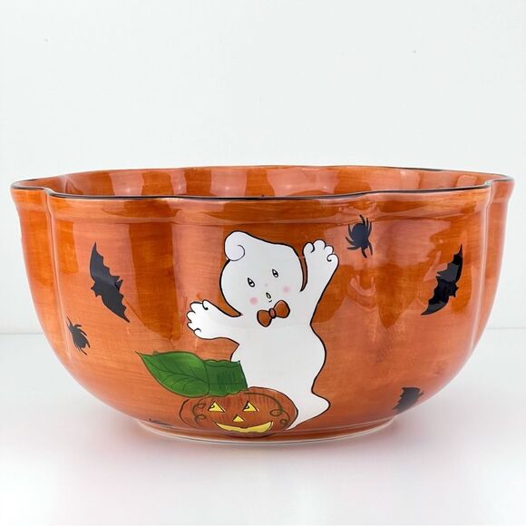 Laurie Gates GATES WARE  Halloween Ruffled Bowl 12’ Skeleton Ghosts Pumpkins - Picture 3 of 8